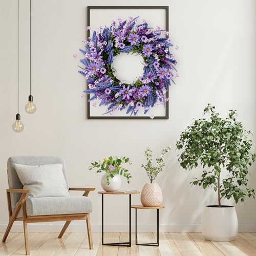 Sggvecsy Lavender Wreath for Front Door 22 Inch - Purple Daisy Spring Summer Artificial Wild Flower Greenery Leaves for All Seasons - Farmhouse Home Wall Indoor Outdoor Window Decor - Image 5