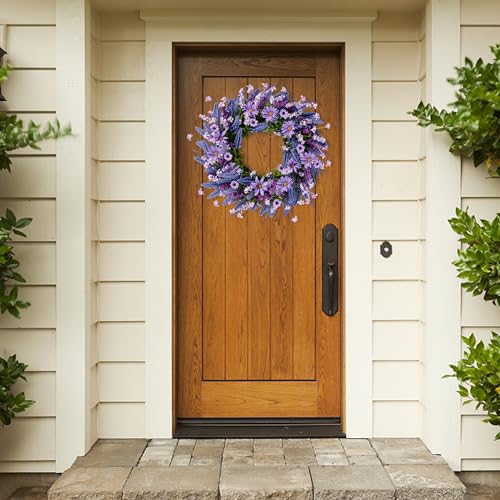 Sggvecsy Lavender Wreath for Front Door 22 Inch - Purple Daisy Spring Summer Artificial Wild Flower Greenery Leaves for All Seasons - Farmhouse Home Wall Indoor Outdoor Window Decor - Image 4