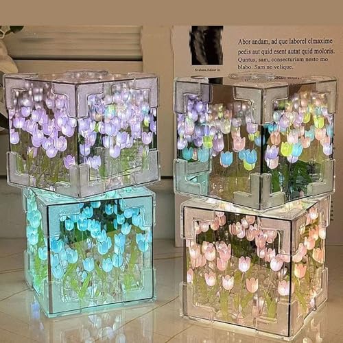 Gutsyluv 30 Flowers DIY Tulip Cube Mirror Lamp,Tulip Flower Table Lamp & Mirror 2-in-1,USB Tulip Mirror Night Lights for Bedroom,Creative Gift for Mom,Girl,Couple,Friend Birthday(Purple) - Image 4