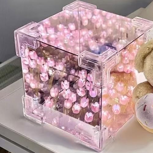 Gutsyluv 30 Flowers DIY Tulip Cube Mirror Lamp,Tulip Flower Table Lamp & Mirror 2-in-1,USB Tulip Mirror Night Lights for Bedroom,Creative Gift for Mom,Girl,Couple,Friend Birthday(Purple) - Image 1