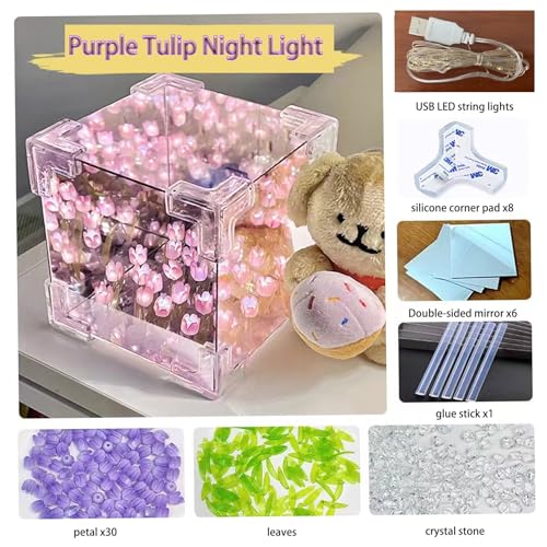 Gutsyluv 30 Flowers DIY Tulip Cube Mirror Lamp,Tulip Flower Table Lamp & Mirror 2-in-1,USB Tulip Mirror Night Lights for Bedroom,Creative Gift for Mom,Girl,Couple,Friend Birthday(Purple) - Image 2