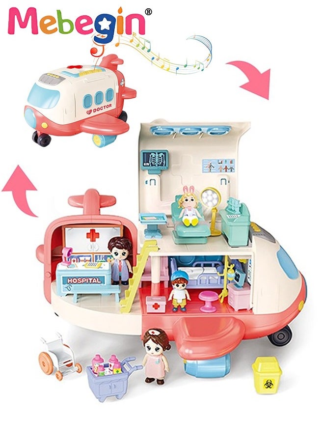 MEBEGIN Mini Medical Aircraft, Airplane Deforming Hospital Playset with Music and Light, Pretend First-aid Station with Dolls and Other Accessories, Fun Role Playing Game, Ideal Gift for Kids Aged 3+  - Image 1