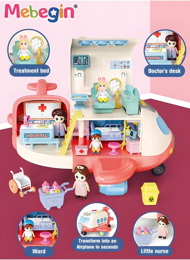 MEBEGIN Mini Medical Aircraft, Airplane Deforming Hospital Playset with Music and Light, Pretend First-aid Station with Dolls and Other Accessories, Fun Role Playing Game, Ideal Gift for Kids Aged 3+  - Image 4