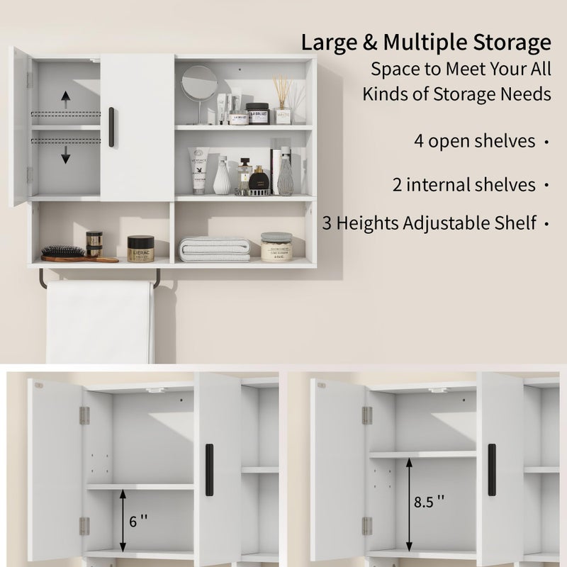 Vavkorkula Medicine Cabinet, Wooden Bathroom Wall Cabinet with 2 Doors, Adjustable Shelves & Towel Bar, Over Toilet Storage Cabinet Wall Mounted for Kitchen & Laundry, White - Image 3