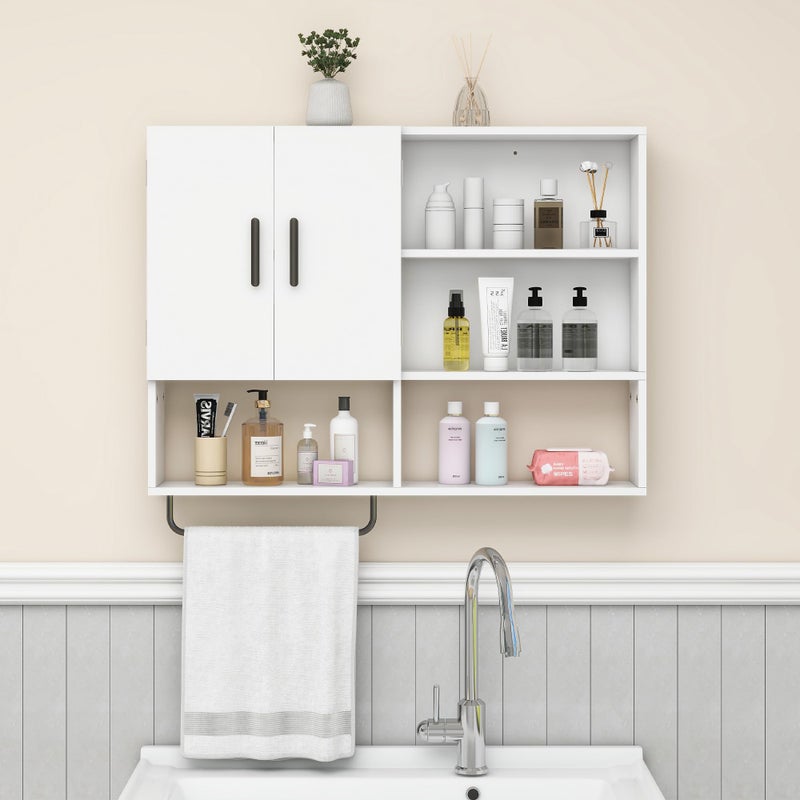 Vavkorkula Medicine Cabinet, Wooden Bathroom Wall Cabinet with 2 Doors, Adjustable Shelves & Towel Bar, Over Toilet Storage Cabinet Wall Mounted for Kitchen & Laundry, White - Image 5
