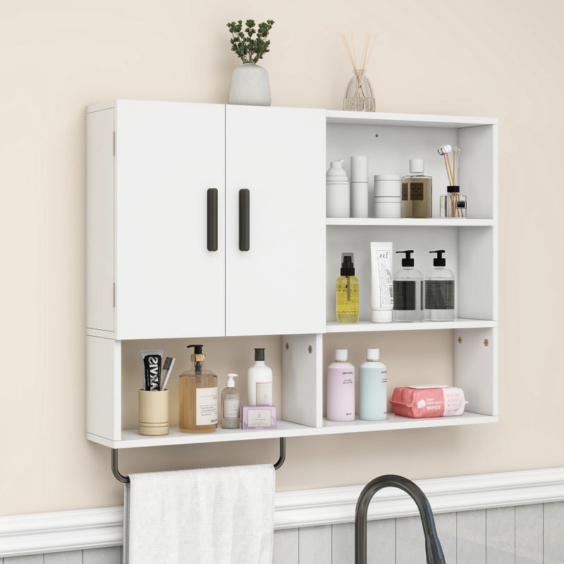 Vavkorkula Medicine Cabinet, Wooden Bathroom Wall Cabinet with 2 Doors, Adjustable Shelves & Towel Bar, Over Toilet Storage Cabinet Wall Mounted for Kitchen & Laundry, White - Image 1