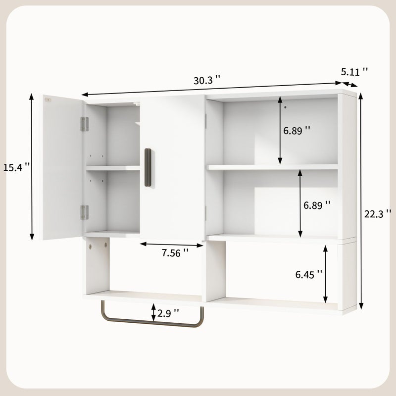 Vavkorkula Medicine Cabinet, Wooden Bathroom Wall Cabinet with 2 Doors, Adjustable Shelves & Towel Bar, Over Toilet Storage Cabinet Wall Mounted for Kitchen & Laundry, White - Image 2