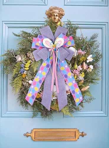 FinBurtip Easter Wreath Bows, Large Easter Rabbits Burlap Bows Holiday Bow Rabbits Bunny Bows for Wall Indoor Outdoor Decor (Purple) - Image 3