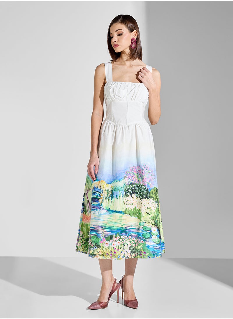 Hope & Ivy - Scenic Print Midi Corset Dress - Image 1