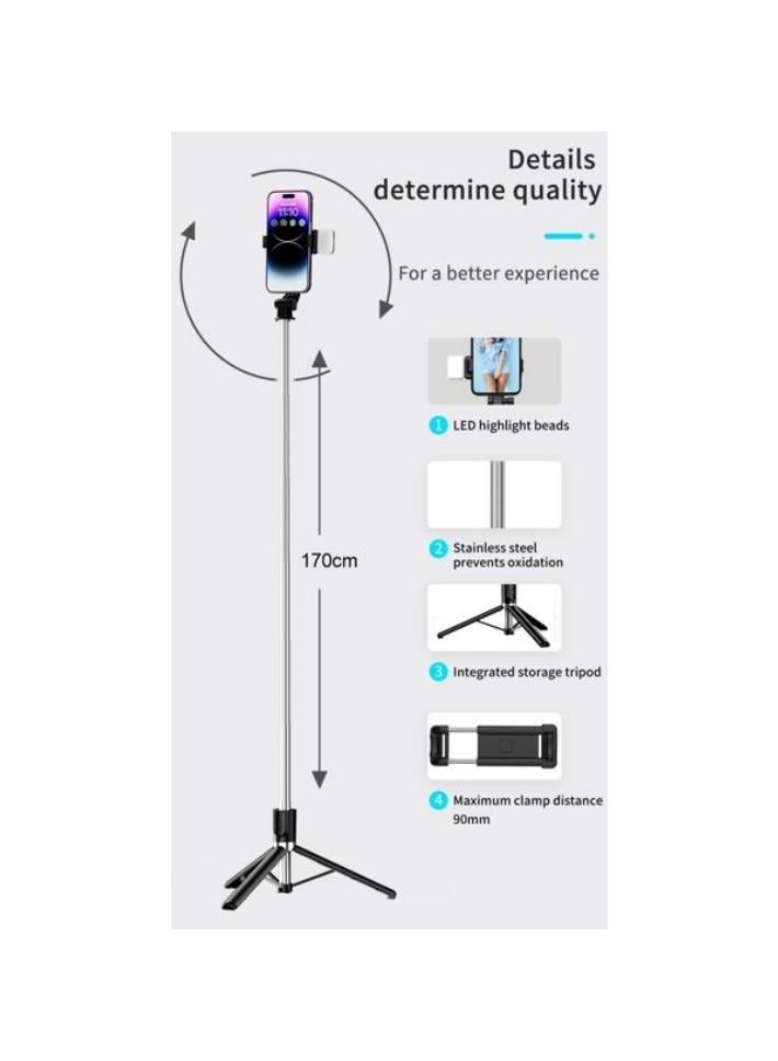Bluetooth Extendable Selfie Stick with Tripod Stand 170CM Long Selfie Stick 3 in 1 Selfie Stick Compatible with All Android and iOS Devices 360 Degree Rotatable Selfie Stick with Bluetooth - Image 5