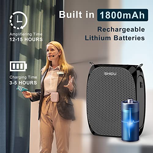 SHIDU S258 Upgraded Portable Rechargeable Voice Amplifier with Wired Neckband Microphone, Supports AUX, USB, & Micro-SD Card Input for Teachers, Tour Guides with Type C Charging Cable|Black - Image 3