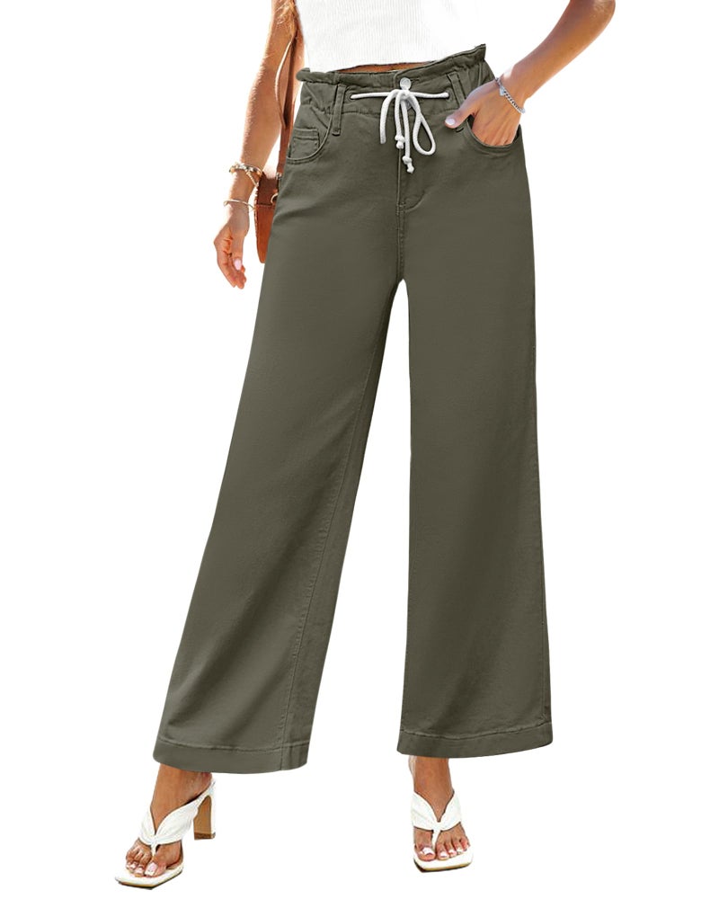 GRAPENT Women's Women Jeans Elastic Waist Ladies with Drawstring for Y2k Pants Flare Bell Bottom Color Army Green Size 8-10 Medium - Image 1