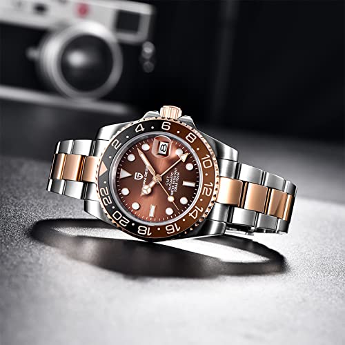 PAGRNE DESIGN ساعة رجال بتصميم PAGRNE GMT للرجال أوتوماتيكية 40MM تاريخ 100M مقاومة للماء من الفولاذ المقاوم للصدأ زجاج ياقوتي ساعات ميكانيكية PD-1662 (3 ذهب وردي) - Image 5