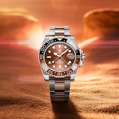 PAGRNE DESIGN ساعة رجال بتصميم PAGRNE GMT للرجال أوتوماتيكية 40MM تاريخ 100M مقاومة للماء من الفولاذ المقاوم للصدأ زجاج ياقوتي ساعات ميكانيكية PD-1662 (3 ذهب وردي) - Image 3