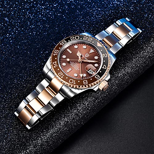 PAGRNE DESIGN ساعة رجال بتصميم PAGRNE GMT للرجال أوتوماتيكية 40MM تاريخ 100M مقاومة للماء من الفولاذ المقاوم للصدأ زجاج ياقوتي ساعات ميكانيكية PD-1662 (3 ذهب وردي) - Image 4