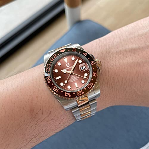PAGRNE DESIGN ساعة رجال بتصميم PAGRNE GMT للرجال أوتوماتيكية 40MM تاريخ 100M مقاومة للماء من الفولاذ المقاوم للصدأ زجاج ياقوتي ساعات ميكانيكية PD-1662 (3 ذهب وردي) - Image 2