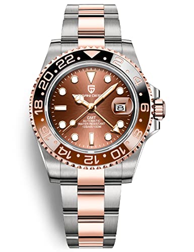 PAGRNE DESIGN ساعة رجال بتصميم PAGRNE GMT للرجال أوتوماتيكية 40MM تاريخ 100M مقاومة للماء من الفولاذ المقاوم للصدأ زجاج ياقوتي ساعات ميكانيكية PD-1662 (3 ذهب وردي) - Image 1