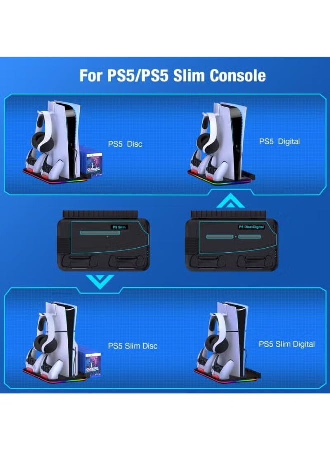 AROAQ PS5 Stand & Cooling Station with Dual Controller Charger – All-in-One Cooling Fan & Headset Holder for PlayStation 5 FAT, Slim & Slim Pro – Black | PS5 Accessories - Image 4