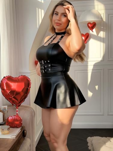 GirlFriend Women Leather Lingerie Black Babydoll Round Neck Nightwear Chemise Nightie Bodysuit Lingerie First Night Honeymoon Mini Nightdress Sheer mesh with Panty - Image 5