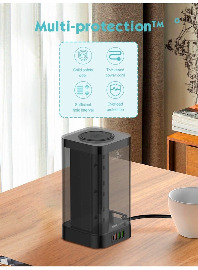 CELIBERY 3 in 1 Power Extension Cord With Wireless Charger, And Cable Management Box with lock,4 USB Ports (30W 1* PD,18W 1* QC3.0,2* USB-A), And 6 Outlets 2500W Power Socket for Home, Office And More - Image 2