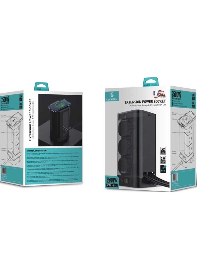 CELIBERY 3 in 1 Power Extension Cord With Wireless Charger, And Cable Management Box with lock,4 USB Ports (30W 1* PD,18W 1* QC3.0,2* USB-A), And 6 Outlets 2500W Power Socket for Home, Office And More - Image 5