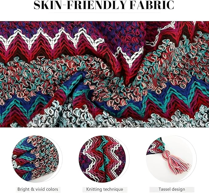 Fabienne Women’s Poncho Shawl Boho Zigzag Knit Wrap Open Front Warming Cardigan Sweater with Tassels Blue - Image 3