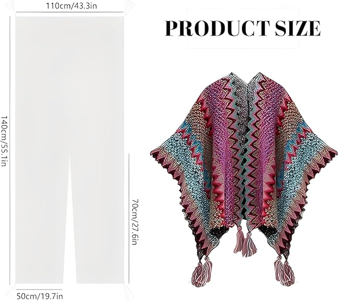 Fabienne Women’s Poncho Shawl Boho Zigzag Knit Wrap Open Front Warming Cardigan Sweater with Tassels Blue - Image 2