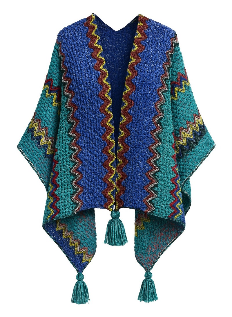 Fabienne Women’s Poncho Shawl Boho Zigzag Knit Wrap Open Front Warming Cardigan Sweater with Tassels Blue - Image 1