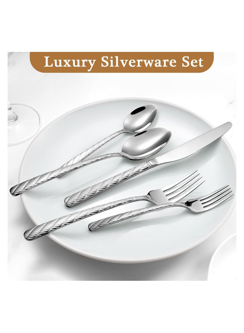 Excefore 5 Pieces Luxury Hammered Silverware Set, Flatware Set Service for 6, 18/10 Premium Stainless Steel, Mirror Polished Cutlery Utensil Set Include Fork Knife Spoon Set Dishwasher Safe - Image 3