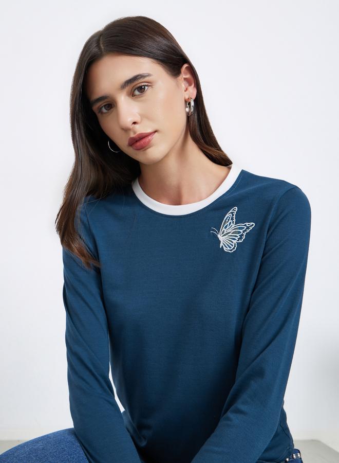 Styli Blue Embroidered Butterfly T-Shirt - Image 1