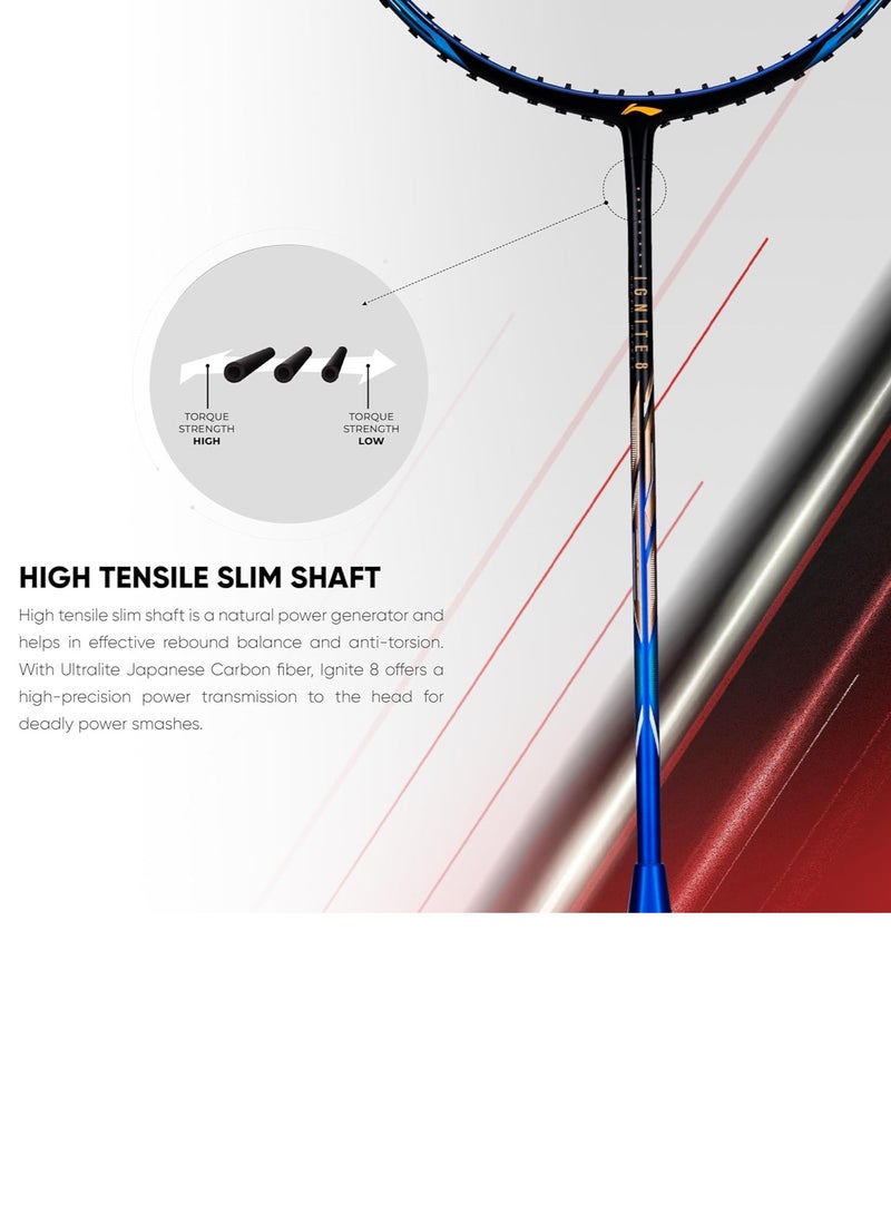 Li-Ning Ignite 8 Japanese Carbon Graphite Unstrung Badminton Racket with Full Cover (Black/Blue/Old Gold, 77 Grams) - Image 3