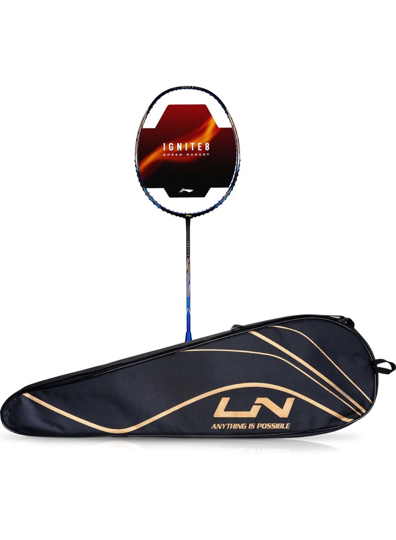 Li-Ning Ignite 8 Japanese Carbon Graphite Unstrung Badminton Racket with Full Cover (Black/Blue/Old Gold, 77 Grams) - Image 1