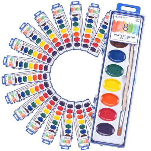 VEESA 8 Colors Watercolor Paint Set for Kids 24 Pack Washable Watercolor with Wood Brushes NonToxic Water Color Paint Valentines Day Gifts for Kid Prizes Exchange - Image 1