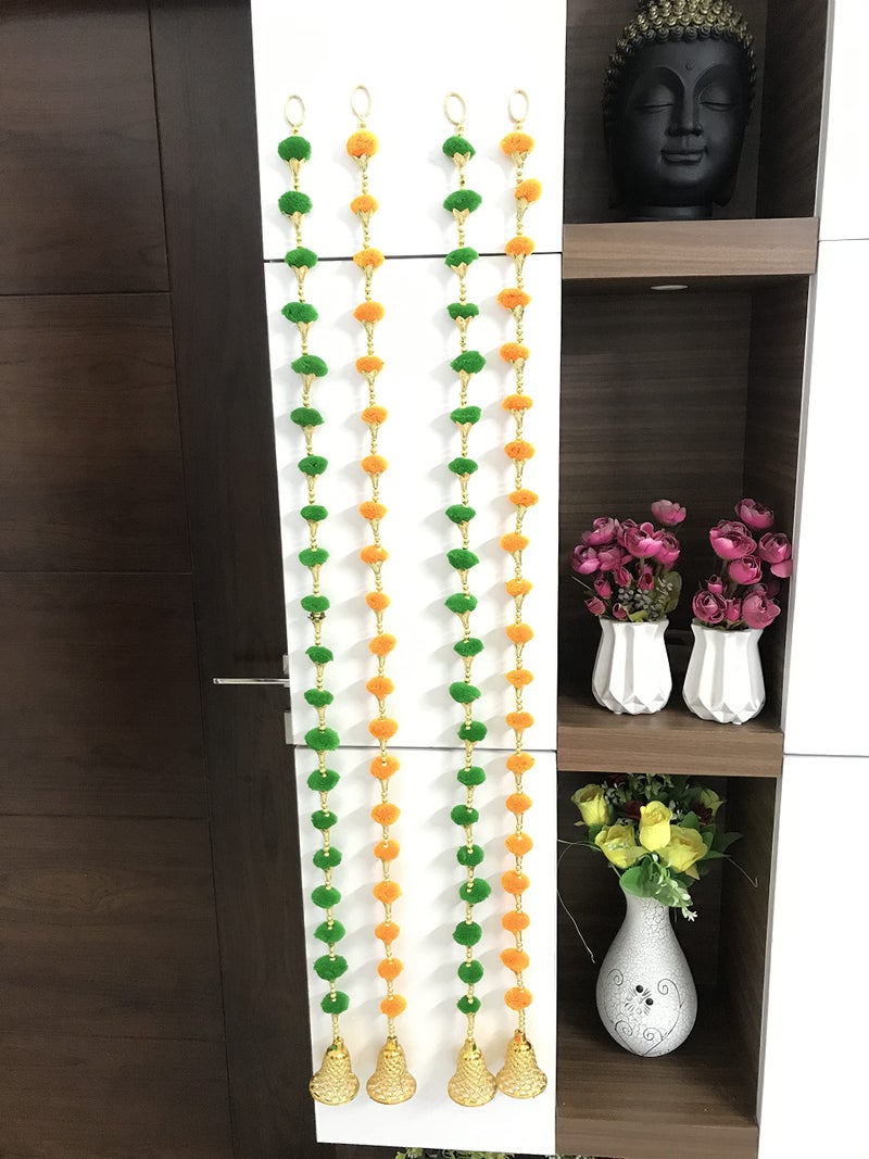 Aahum Handmade Wall Door Orange and GreenColor PomPom StringToran Golden BeadsTriangle FlowersHanging ToransGarland BandhwarDecoration Item for HomeDécor Diwali,Festival,Navratri,Wedding(5FT 4Strings) - Image 2