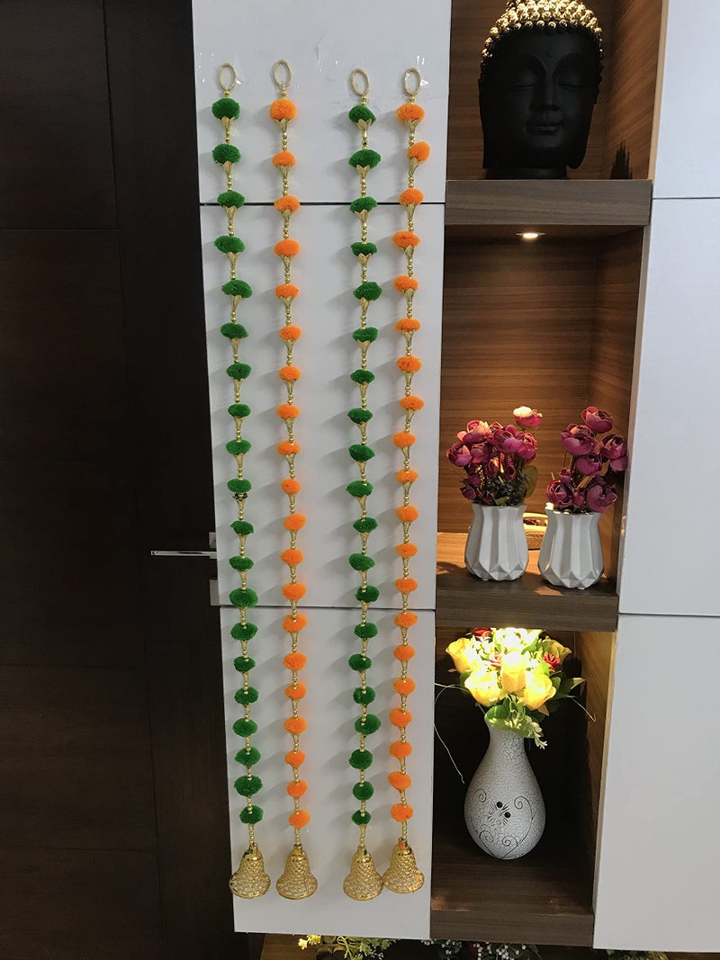 Aahum Handmade Wall Door Orange and GreenColor PomPom StringToran Golden BeadsTriangle FlowersHanging ToransGarland BandhwarDecoration Item for HomeDécor Diwali,Festival,Navratri,Wedding(5FT 4Strings) - Image 1