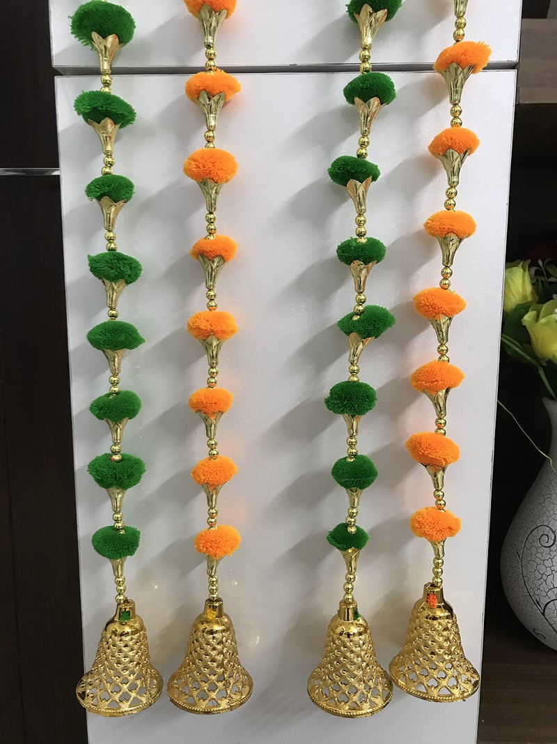 Aahum Handmade Wall Door Orange and GreenColor PomPom StringToran Golden BeadsTriangle FlowersHanging ToransGarland BandhwarDecoration Item for HomeDécor Diwali,Festival,Navratri,Wedding(5FT 4Strings) - Image 4