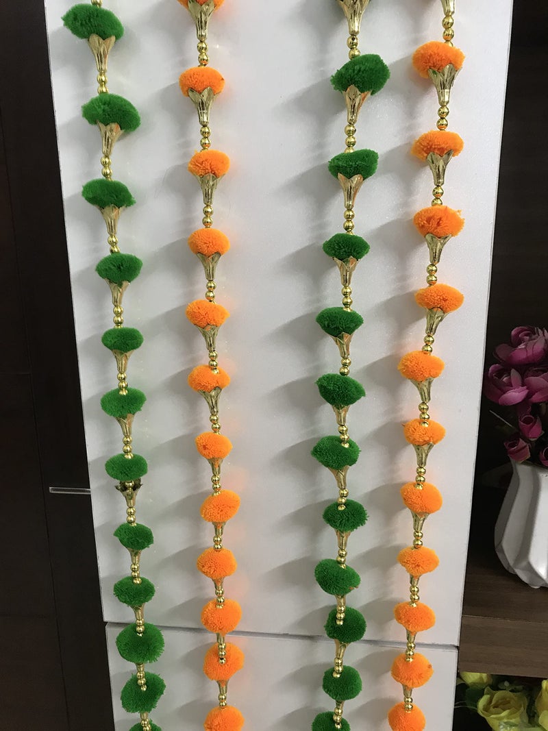 Aahum Handmade Wall Door Orange and GreenColor PomPom StringToran Golden BeadsTriangle FlowersHanging ToransGarland BandhwarDecoration Item for HomeDécor Diwali,Festival,Navratri,Wedding(5FT 4Strings) - Image 3
