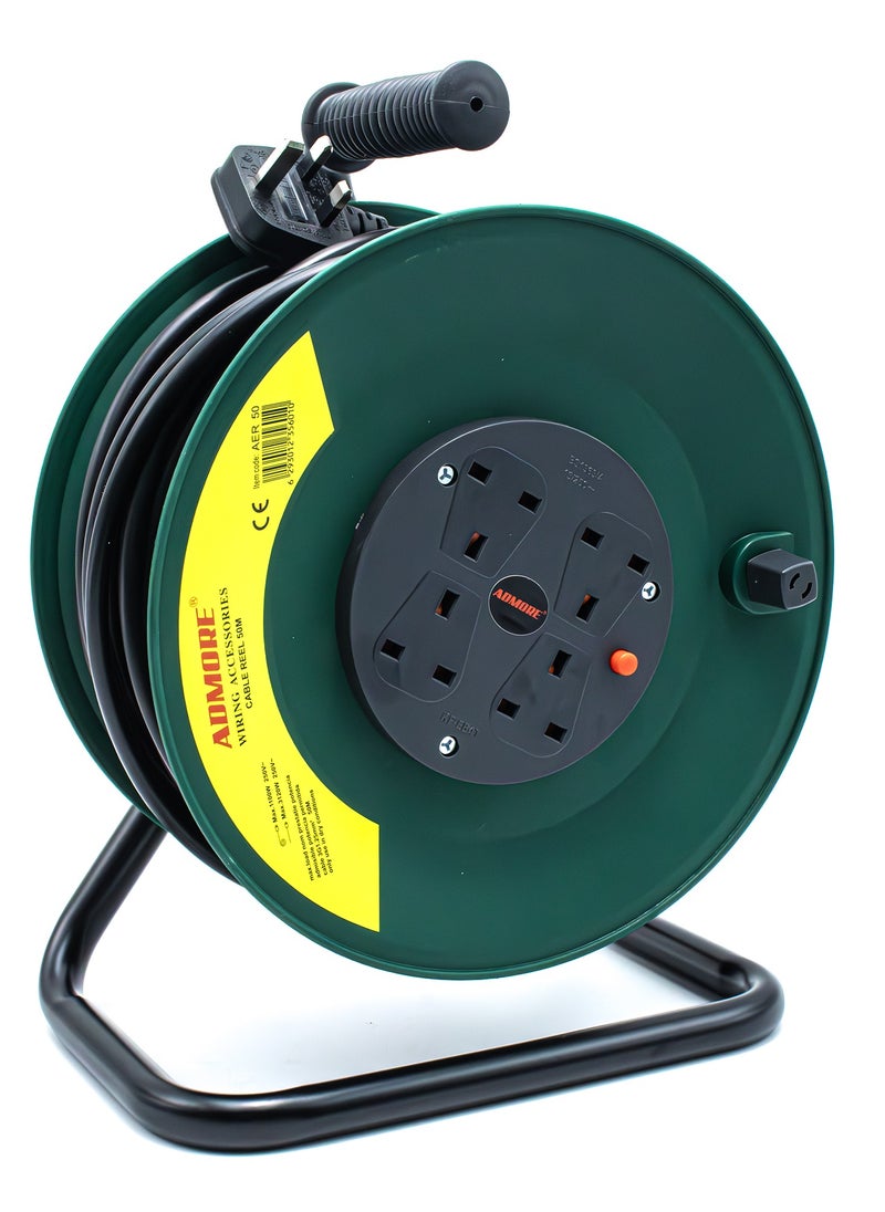 ADMORE - Four Socket Open Cable Reel Extension Lead with Winding Handle, Thermal Cut Out and Power Switch, 50 Metres High Visibility Cable, Green - Image 1