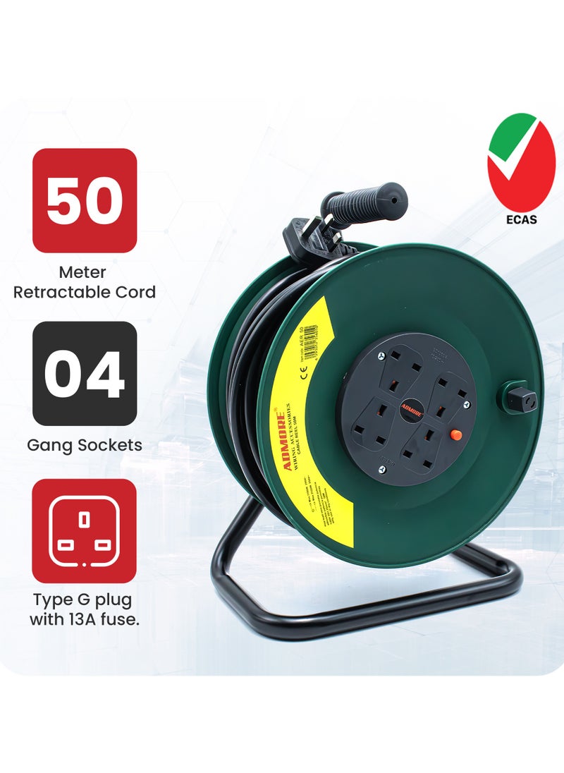 ADMORE - Four Socket Open Cable Reel Extension Lead with Winding Handle, Thermal Cut Out and Power Switch, 50 Metres High Visibility Cable, Green - Image 1