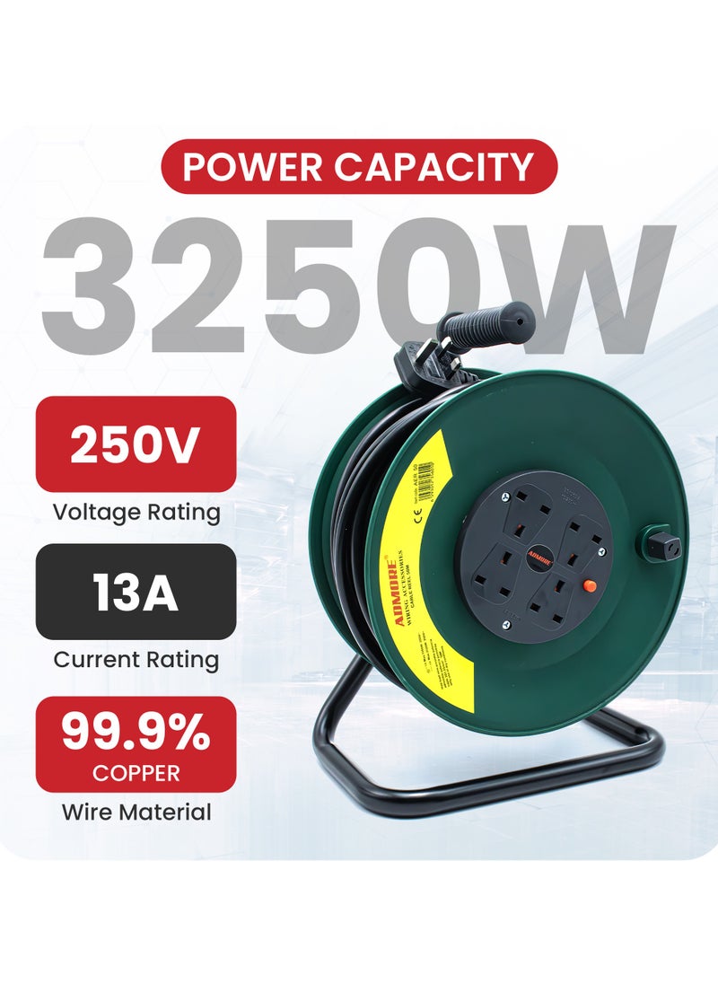 ADMORE - Four Socket Open Cable Reel Extension Lead with Winding Handle, Thermal Cut Out and Power Switch, 50 Metres High Visibility Cable, Green - Image 1