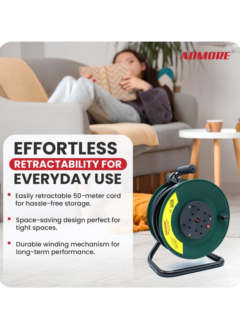 ADMORE - Four Socket Open Cable Reel Extension Lead with Winding Handle, Thermal Cut Out and Power Switch, 50 Metres High Visibility Cable, Green - Image 1