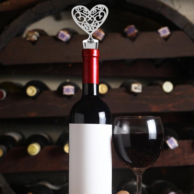 Reusable Zinc Alloy Heart Wine Bottle Stoppers Silver Set of 5 Beverage Savers for Parties - Image 5