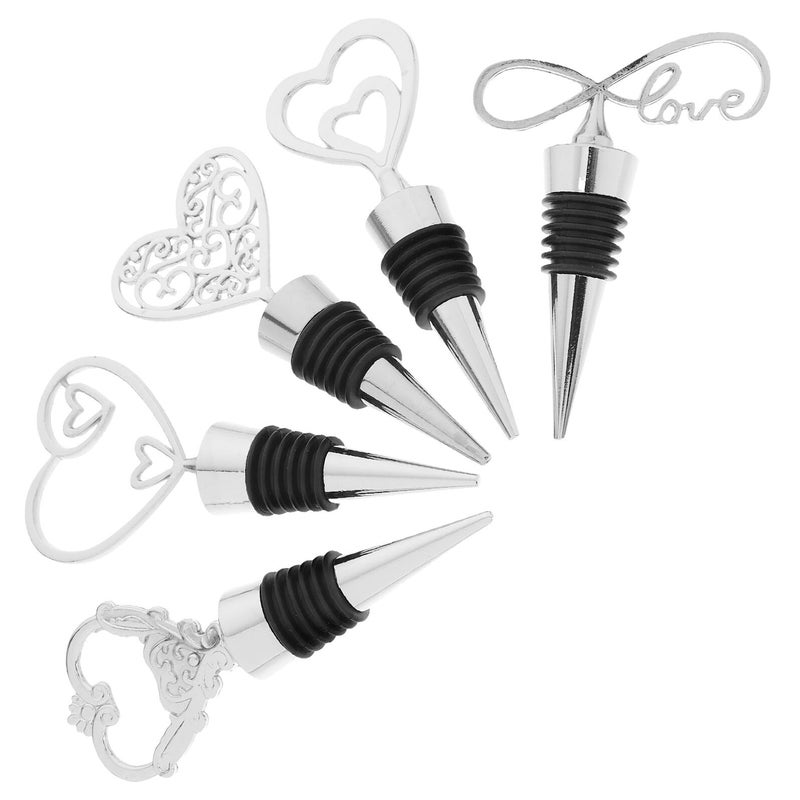 Reusable Zinc Alloy Heart Wine Bottle Stoppers Silver Set of 5 Beverage Savers for Parties - Image 2