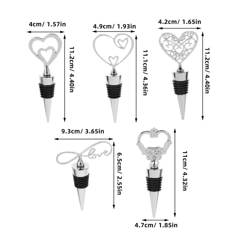 Reusable Zinc Alloy Heart Wine Bottle Stoppers Silver Set of 5 Beverage Savers for Parties - Image 3