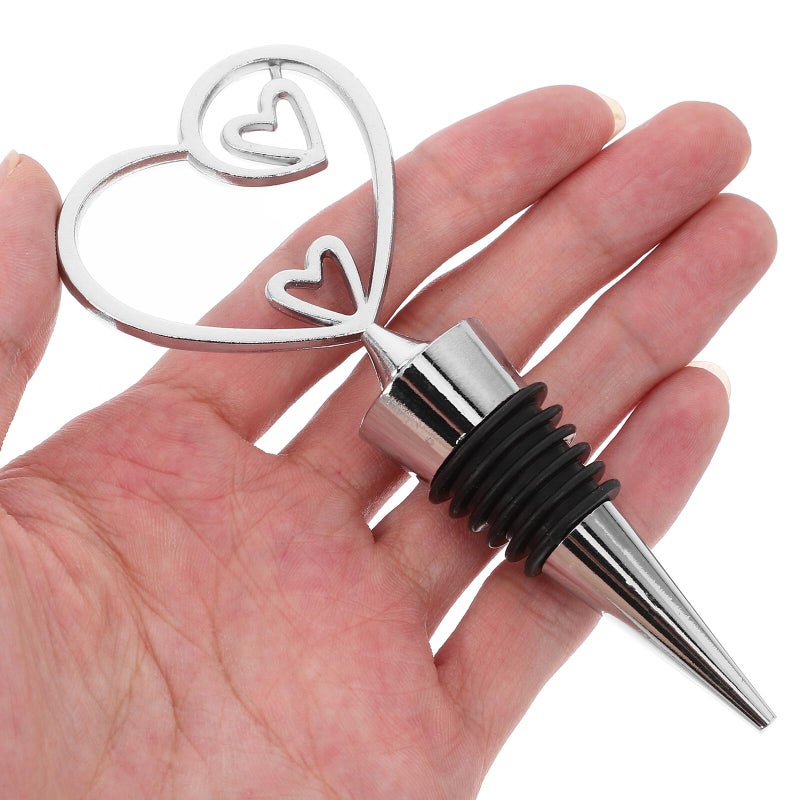 Reusable Zinc Alloy Heart Wine Bottle Stoppers Silver Set of 5 Beverage Savers for Parties - Image 4
