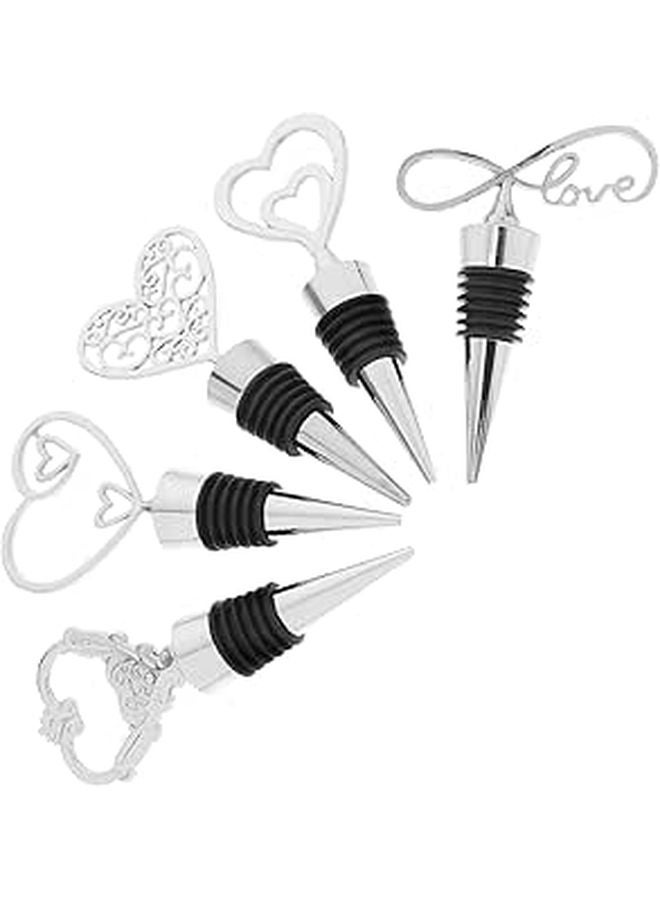 Reusable Zinc Alloy Heart Wine Bottle Stoppers Silver Set of 5 Beverage Savers for Parties - Image 1