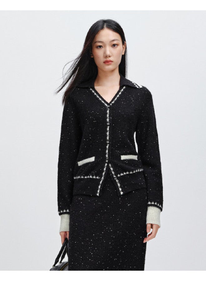 Waxbird Winter Elegant Lapel Wool Knit Mid-length Sequin Embellished Skirt Set - Image 1