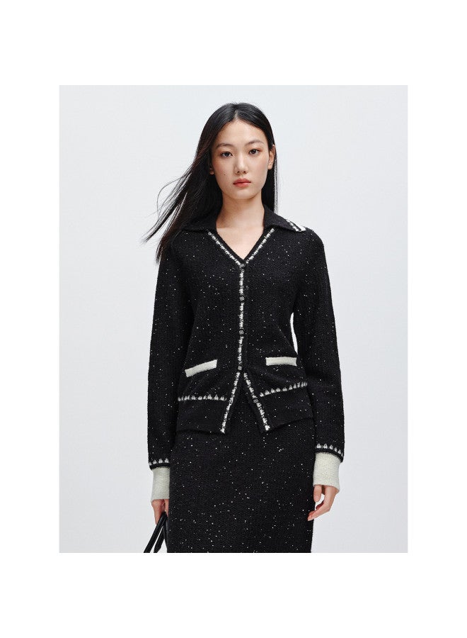 Waxbird Winter Elegant Lapel Wool Knit Mid-length Sequin Embellished Skirt Set - Image 2