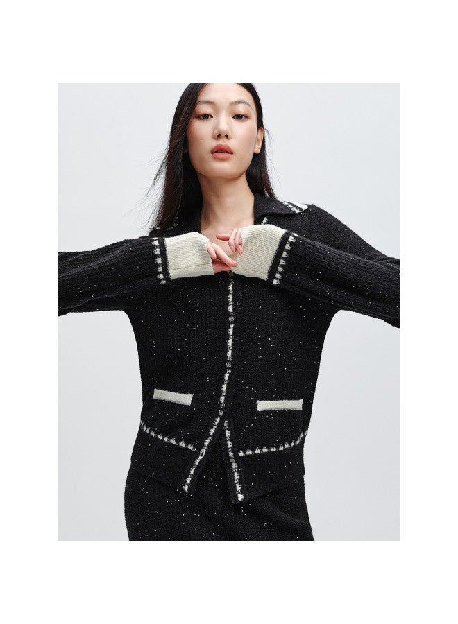Waxbird Winter Elegant Lapel Wool Knit Mid-length Sequin Embellished Skirt Set - Image 5