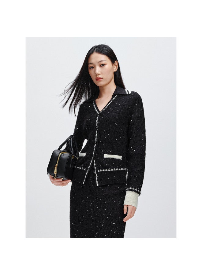 Waxbird Winter Elegant Lapel Wool Knit Mid-length Sequin Embellished Skirt Set - Image 3